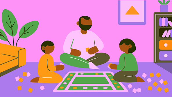 Imagem ilustrativa para economia do cuidado. Na ilustração um homen está sentado no chão com duas crianças, brincando de jgo de tabuleiro
