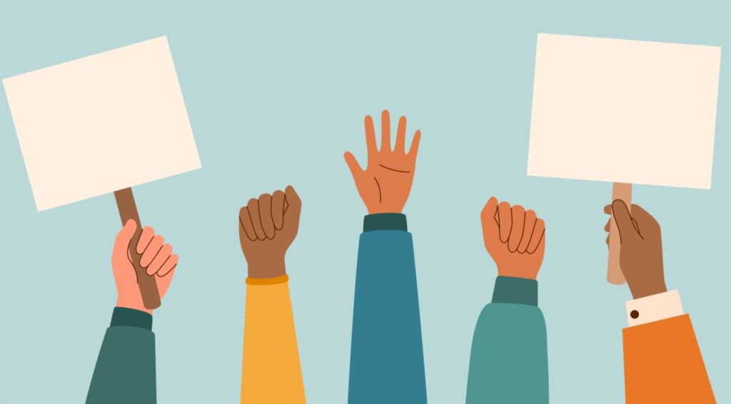 Desenho de diversas mãos segurando cartazes para ilustrar o tema Como empresas sociais fazem advocacy