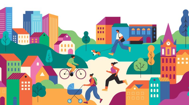 Ilustração para o tema desenvolvimento urbano. Cena colorida com prédios ao fundo e um parque verde na frente com pessoas se exercitando, pedalando e caminhando
