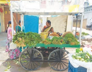 Foto de vendedora ambulante com seu carrinho repleto de hortaliças. O carrinho foi desenvolvido com a solução climática para resfriamento