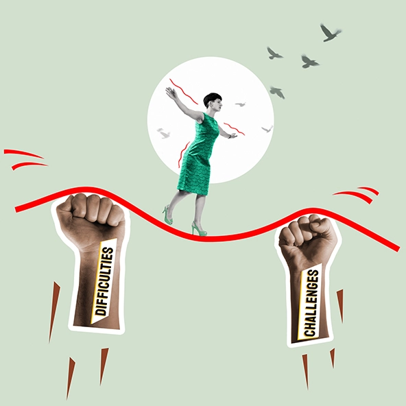 Ilustração de mulher andando na corda bamba. Imagem ilustrativa para o tema dos retrocessos em sustentabilidade nos Estados Unidos