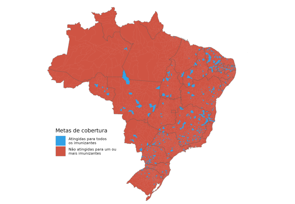 ilustração de um mapa do Brasil com dados sobre cobertura vacinal do VacinaBR