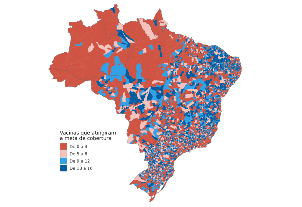 ilustração de um mapa do Brasil com dados sobre cobertura vacinal do VacinaBR