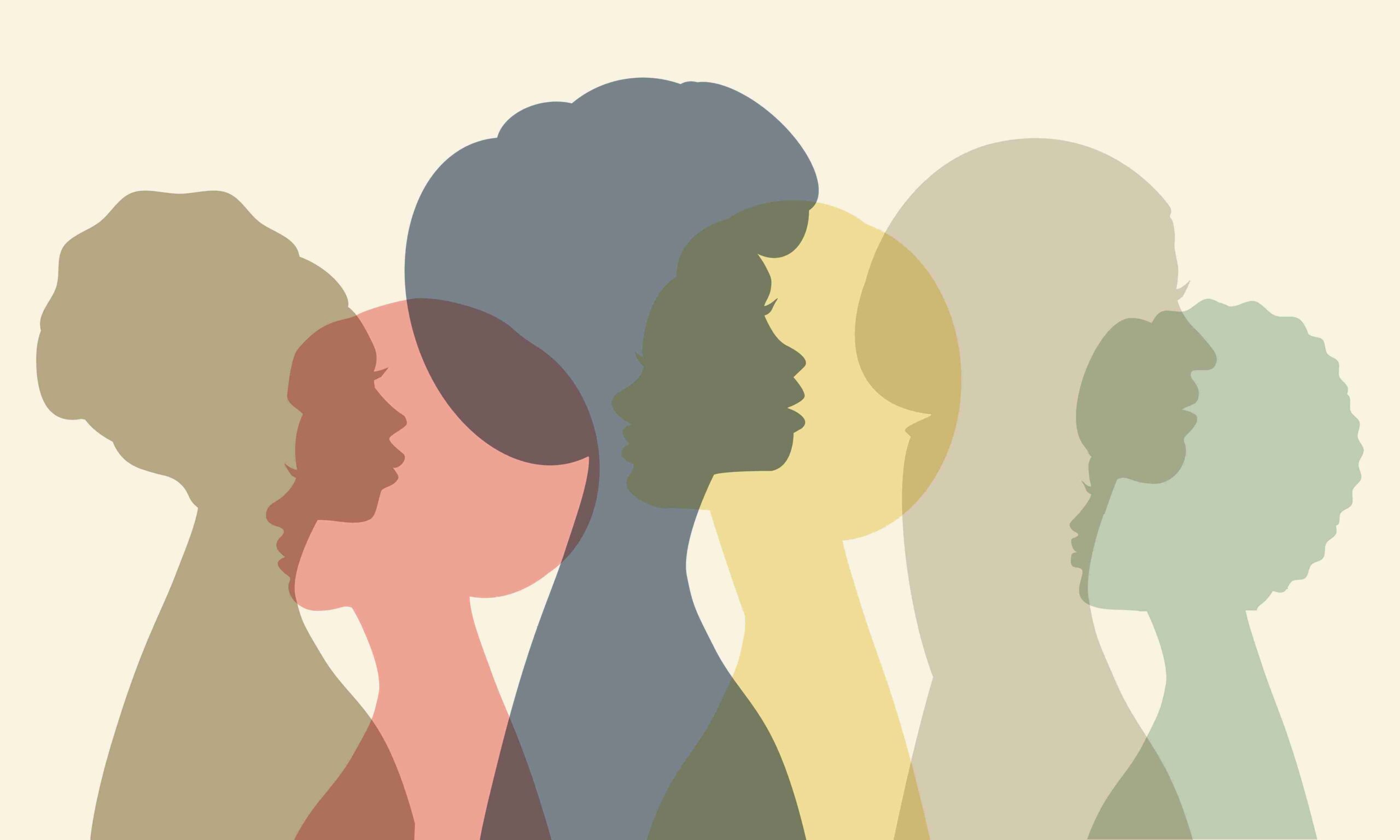 Ilustração contendo silhuetas de diferentes mulheres. Há a silhueta de uma mulher negra à frente