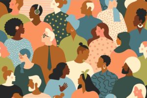 desenho de pessoas de diversas idades, etnias e gêneros para ilustrar o tema DEI