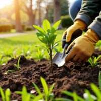 Foto de muda de planta sendo manipulada por mãos cobertas por uma liva amarela. Crédito: Shutterstock / Ievgen Z