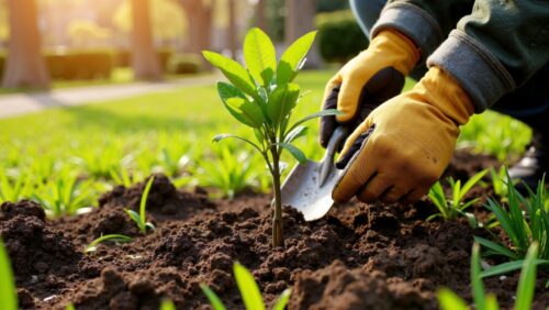 Foto de muda de planta sendo manipulada por mãos cobertas por uma liva amarela. Crédito: Shutterstock / Ievgen Z