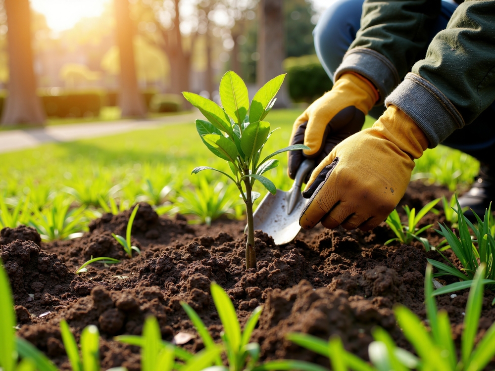 Foto de muda de planta sendo manipulada por mãos cobertas por uma liva amarela. Crédito: Shutterstock / Ievgen Z