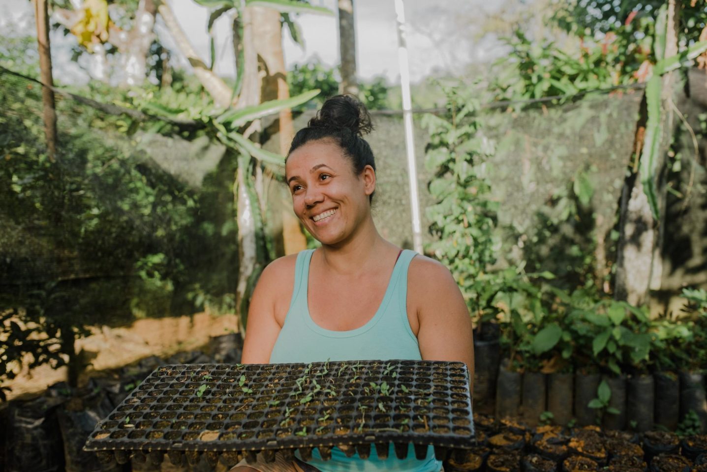 A produtora agroecológica Daniela França exibe mudas de cacau cultivadas em sistema cabruca