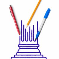 ilustração de uma caneta, um lápis e uma canetinha desenhando um pilar em um fundo branco