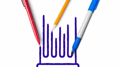 ilustração de uma caneta, um lápis e uma canetinha desenhando um pilar em um fundo branco