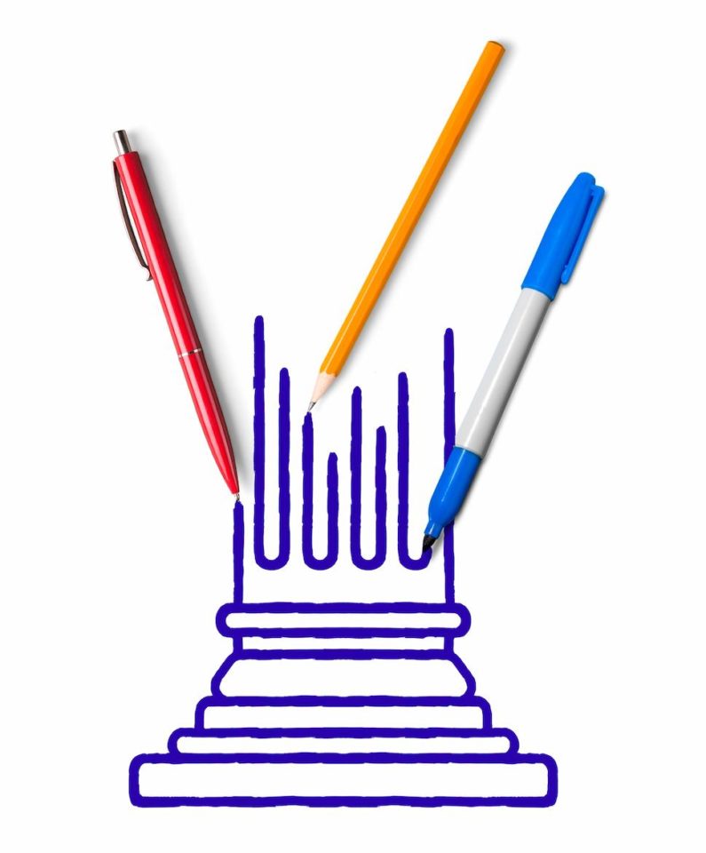 ilustração de uma caneta, um lápis e uma canetinha desenhando um pilar em um fundo branco