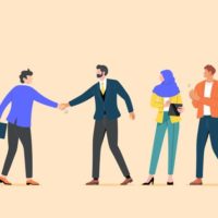 ilustração de quatro pessoas em ambiente corporativo. uma das pessoas cumprimenta as outras com um aperto de mão, sugerindo ser nova no ambiente