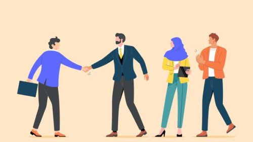 ilustração de quatro pessoas em ambiente corporativo. uma das pessoas cumprimenta as outras com um aperto de mão, sugerindo ser nova no ambiente