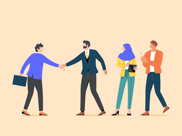 ilustração de quatro pessoas em ambiente corporativo. uma das pessoas cumprimenta as outras com um aperto de mão, sugerindo ser nova no ambiente