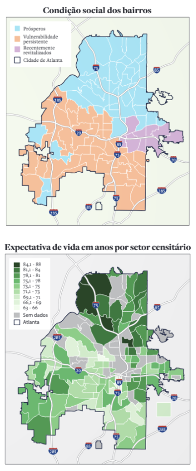 mapas de atlanta com a condição social e a expectativa de vida dos bairros
