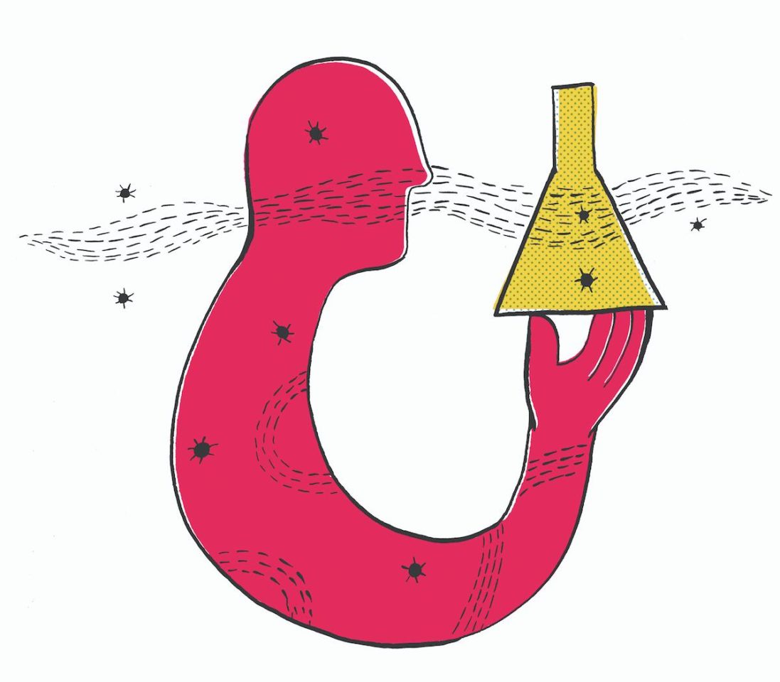 ilustração que simula um homem segurando um frasco, enquanto partículas não identificadas sobrevoam a figura