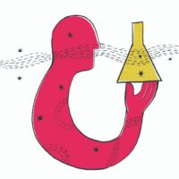 ilustração que simula um homem segurando um frasco, enquanto partículas não identificadas sobrevoam a figura