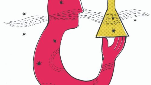 ilustração que simula um homem segurando um frasco, enquanto partículas não identificadas sobrevoam a figura