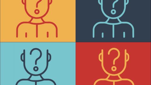 ilustração que mostra o contorno de quatro cabeças com um ponto de interrogação dentro