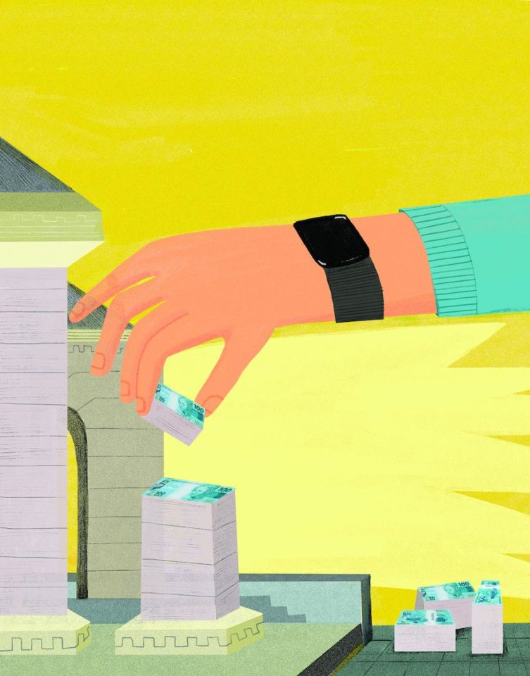 Ilustração de uma mão em grande escala e a estrutura de um prédio em menor escala. A mão segura um bloco de dinheiro, que é usado para construir uma coluna do prédio