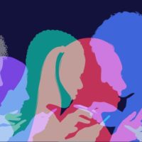 ilustrações de silhuetas coloridas de pessoas mexendo no celular