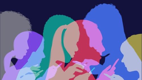 ilustrações de silhuetas coloridas de pessoas mexendo no celular
