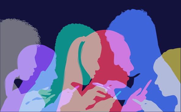 ilustrações de silhuetas coloridas de pessoas mexendo no celular