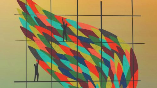 Ilustração abstrata em fundo degradê amarelo e verde. Uma grande forma composta por fragmentos geométricos coloridos — vermelhos, verdes, azuis, amarelos e pretos — atravessa uma estrutura de linhas verticais e horizontais. Três pequenas silhuetas humanas aparecem em diferentes alturas, interagindo com a estrutura e com a forma colorida.