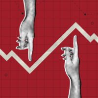 Colagem de duas mãos apontando cada uma para uma direção (uma para cima, outra para baixo), seguindo os picos de subida e descida de um gráfico financeiro que também faz parte da colagem
