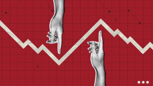 Colagem de duas mãos apontando cada uma para uma direção (uma para cima, outra para baixo), seguindo os picos de subida e descida de um gráfico financeiro que também faz parte da colagem